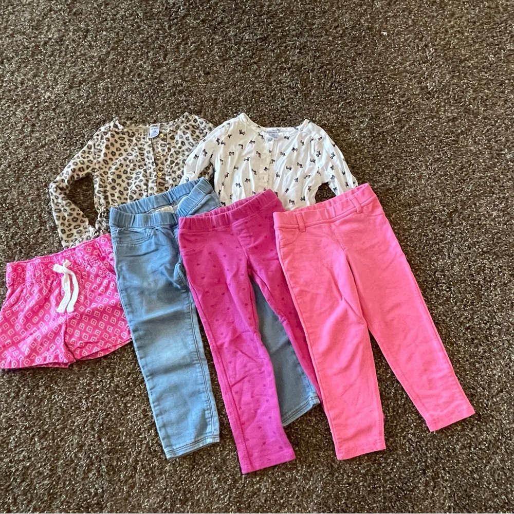 Carter's Pink, Blue, and Patterned Leggings Set with 2 shirts